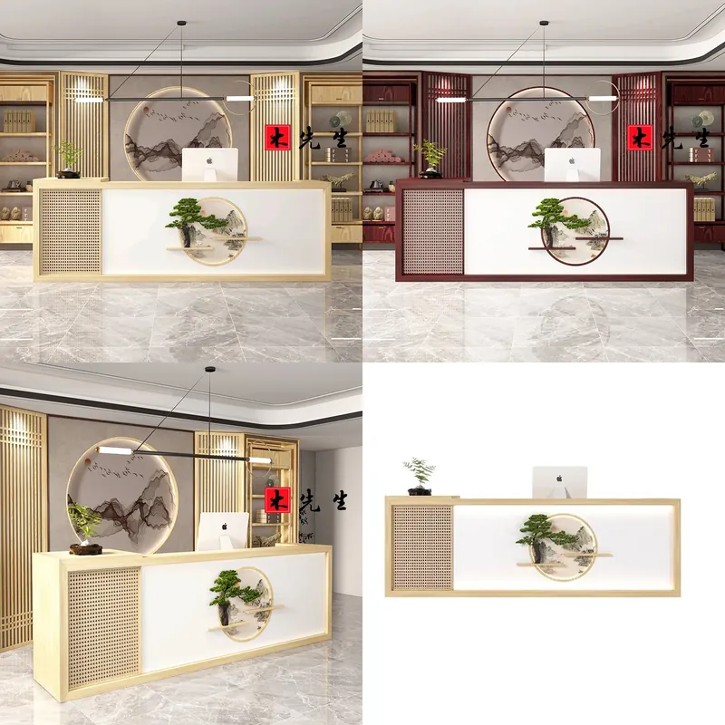 Spa Wellness Hotel - 無垢材の受付デスク、新中国風のフロントカウンター（ホテル、レストラン、スパ、ビューティーサロン、ウェルネスセンター、バー用）